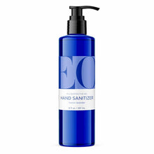 Blue bottle with black pump dispenser labeled "EO Hand Sanitizer, french lavender, 8 fl oz."