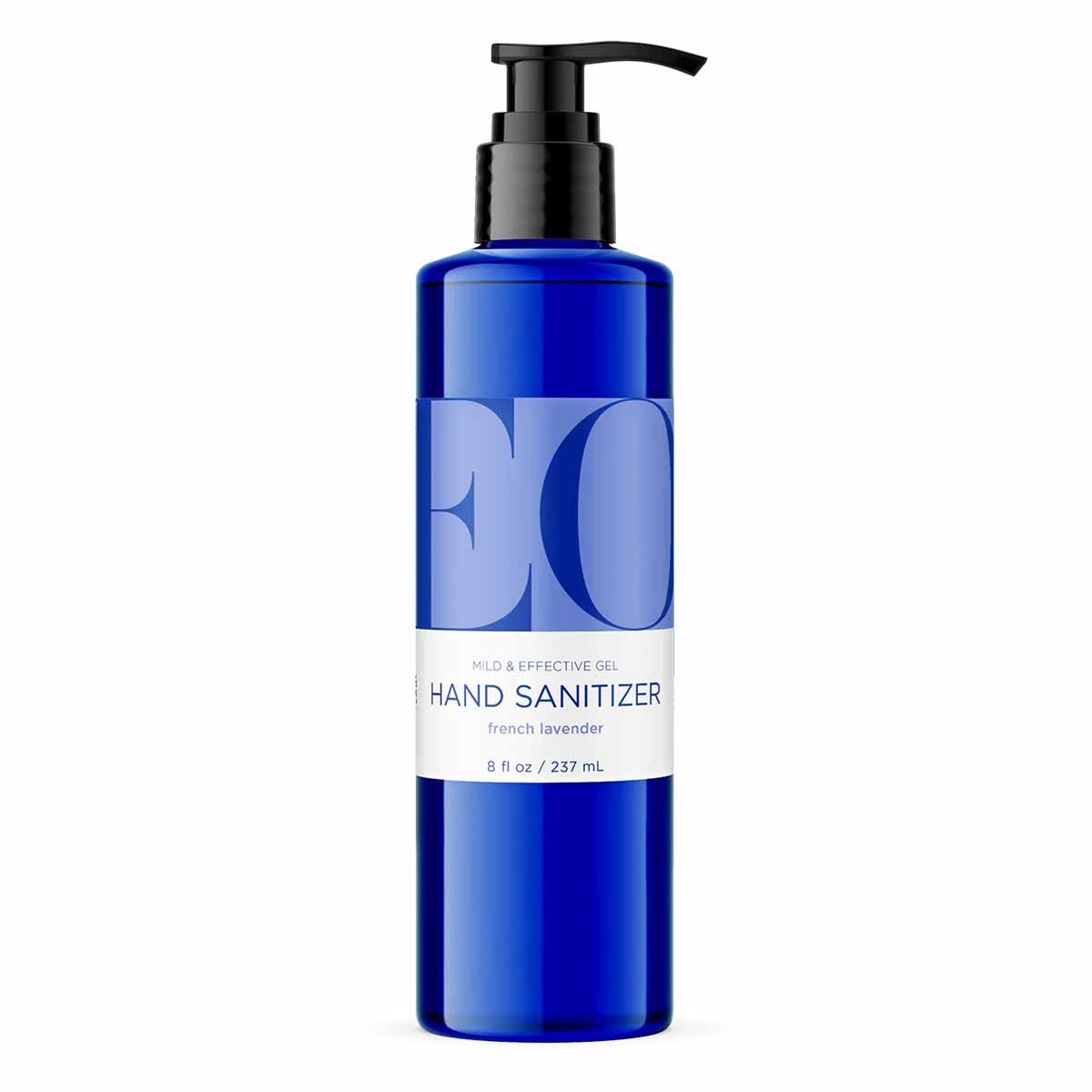 Blue bottle with black pump dispenser labeled "EO Hand Sanitizer, french lavender, 8 fl oz."