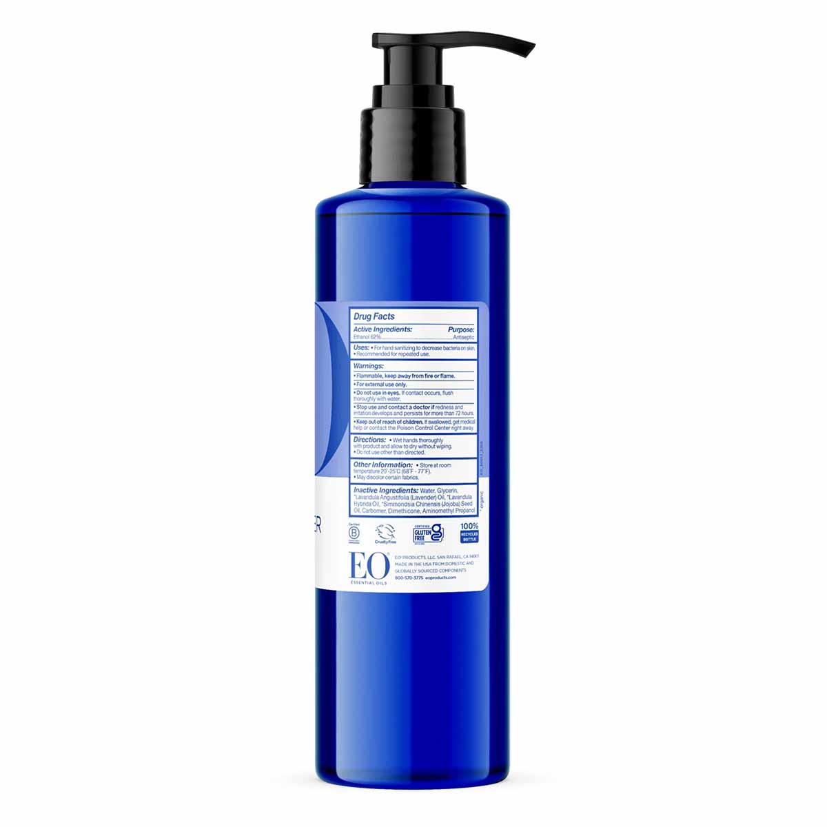 Blue pump bottle of EO Products hand sanitizer gel with white label displaying drug facts and ingredient information.