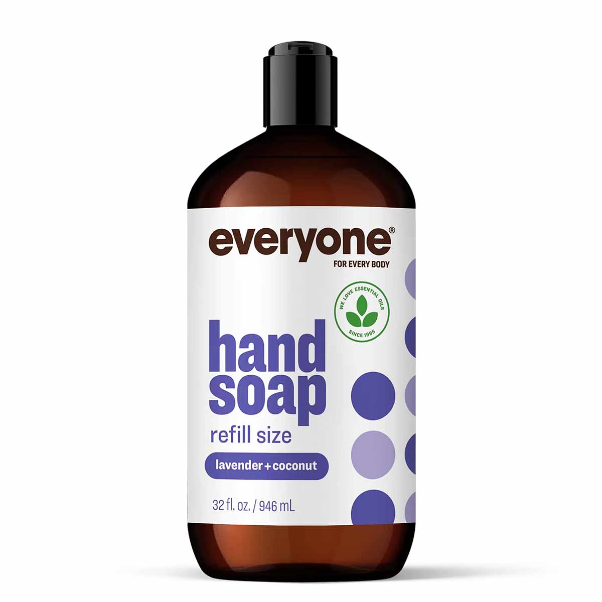 Brown bottle of Everyone hand soap refill size in lavender and coconut scent, 32 fl oz.