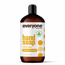 Brown glass bottle of Everyone hand soap in meyer lemon and mandarin scent, 32 fl oz refill size.