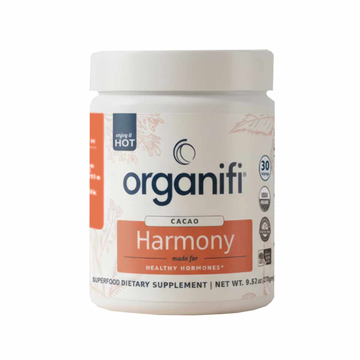 Organifi Harmony cacao-flavored dietary supplement powder in a 9.52 oz white container with orange and cream label.