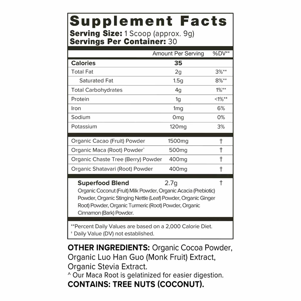 Supplement Facts label for Organifi Harmony powder showing serving size, nutritional information, and ingredient list includi