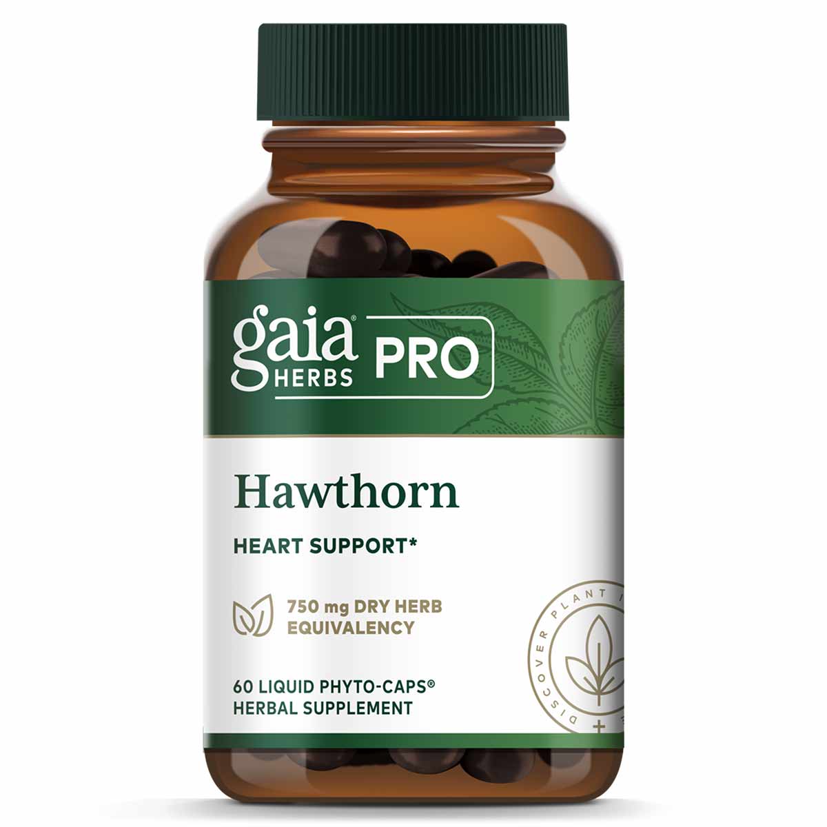 Gaia Herbs Pro Hawthorn bottle with green label containing 60 dark liquid phyto-caps and green screw-top lid.