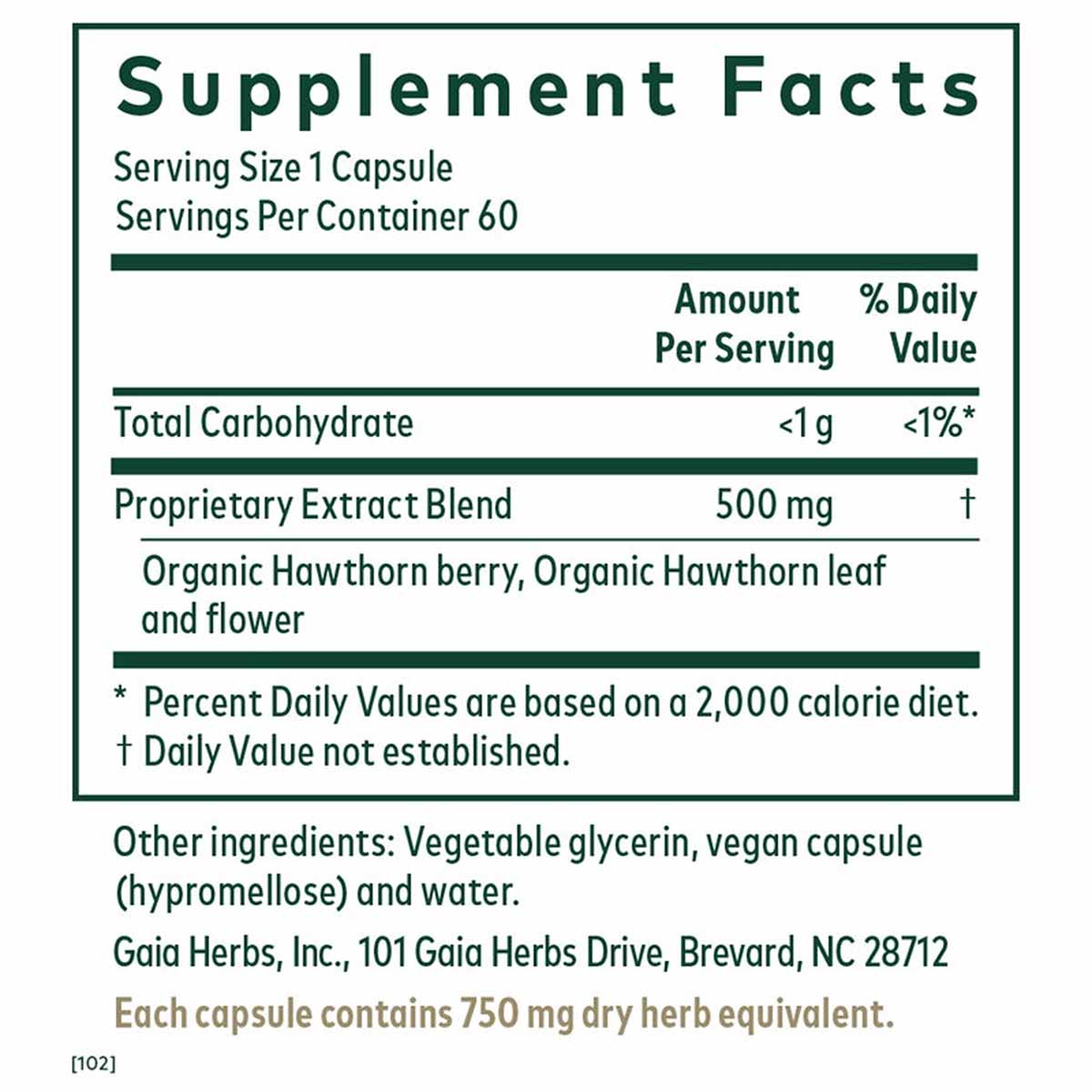 Supplement Facts label for Hawthorn 60 Liquid Phyto Caps showing serving size, ingredients, and nutritional information.