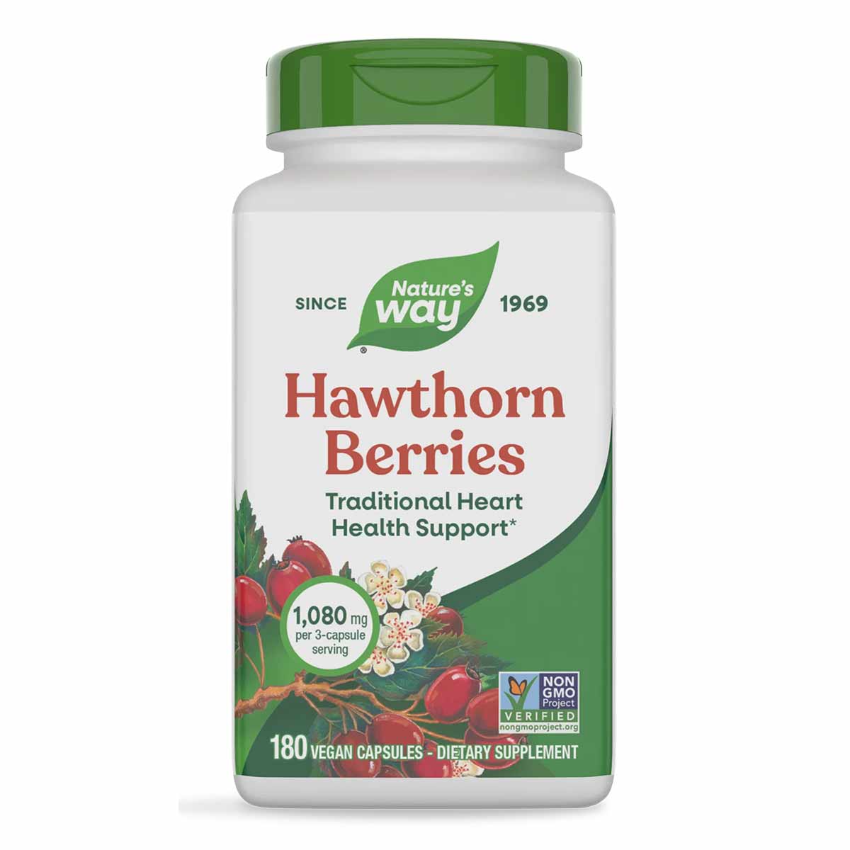 Nature's Way Hawthorn Berries bottle with green cap containing 180 vegan capsules, 1,080 mg per serving.