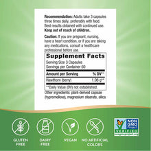 Natures Way Hawthorn Berries supplement facts label showing 1.08g hawthorn berry per serving, 60 servings per container, with