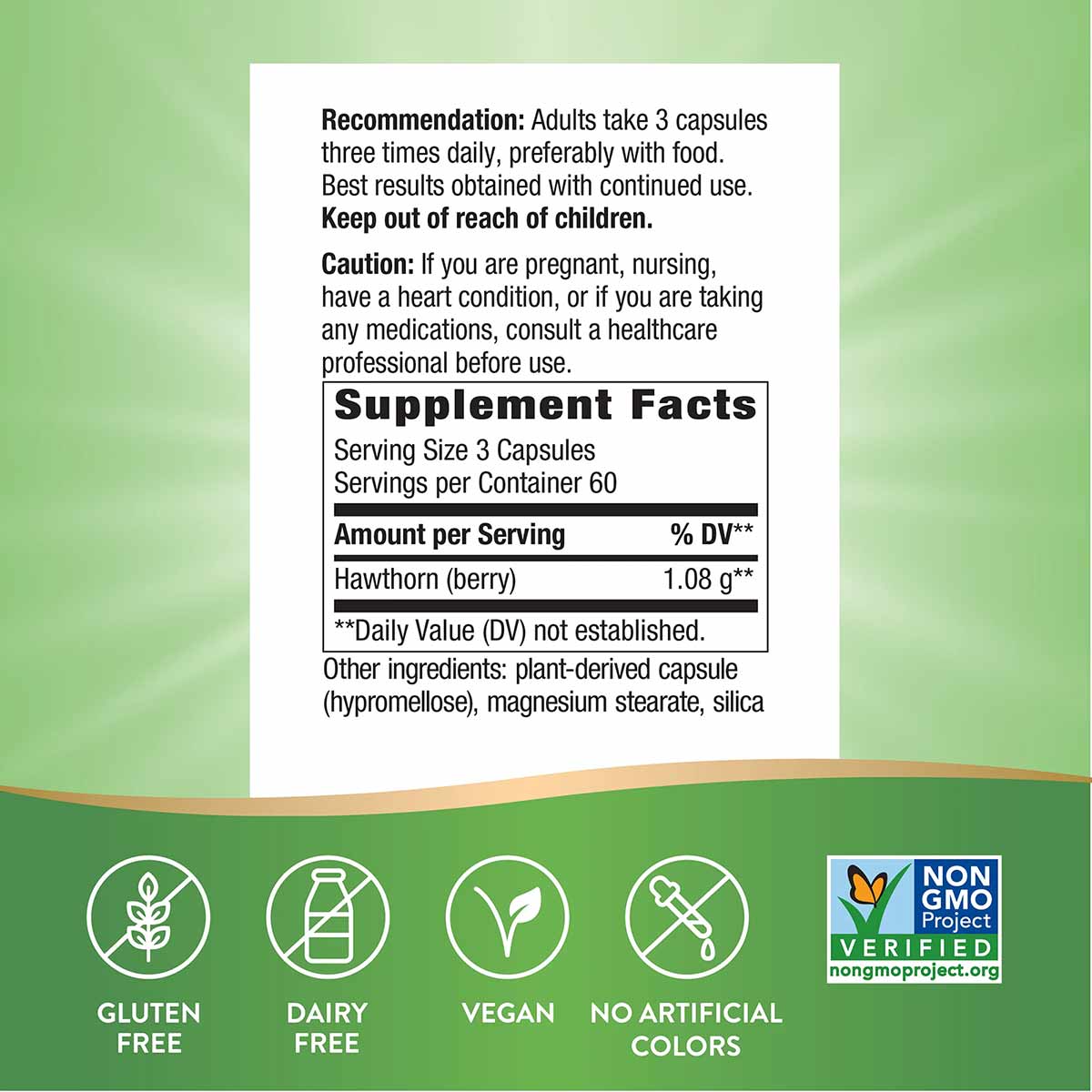 Natures Way Hawthorn Berries supplement facts label showing 1.08g hawthorn berry per serving, 60 servings per container, with
