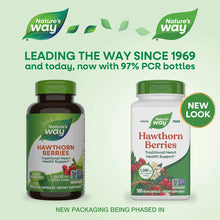 Two Nature's Way Hawthorn Berries supplement bottles—one dark glass with green cap, one white plastic with green cap labeled 