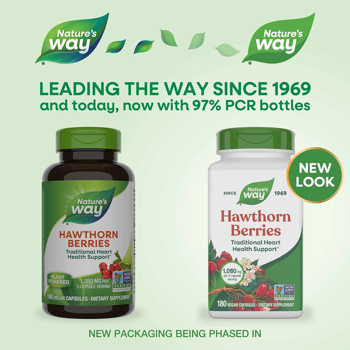 Two Nature's Way Hawthorn Berries supplement bottles—one dark glass with green cap, one white plastic with green cap labeled 