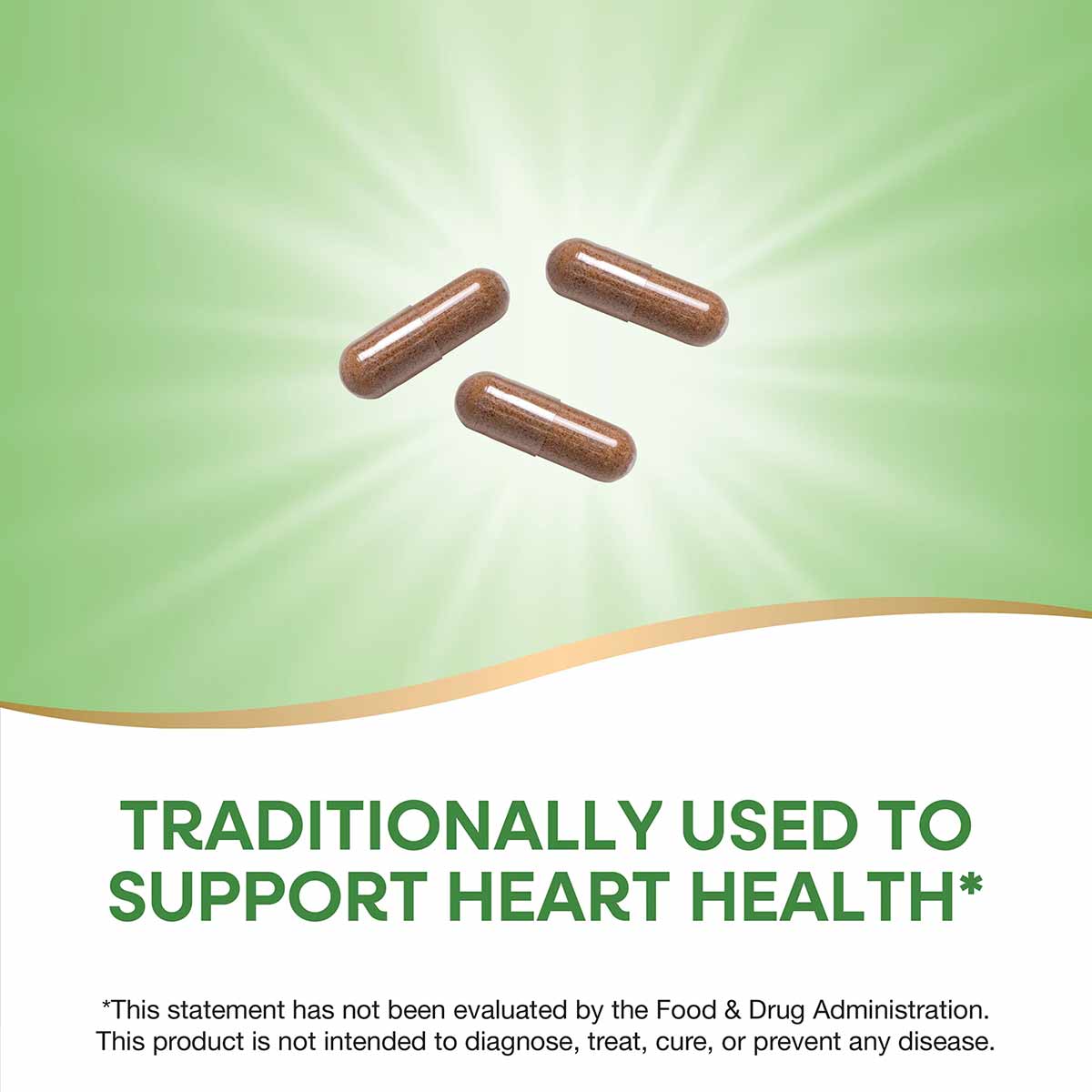 Three brown hawthorn berry supplement capsules on a green and white background.