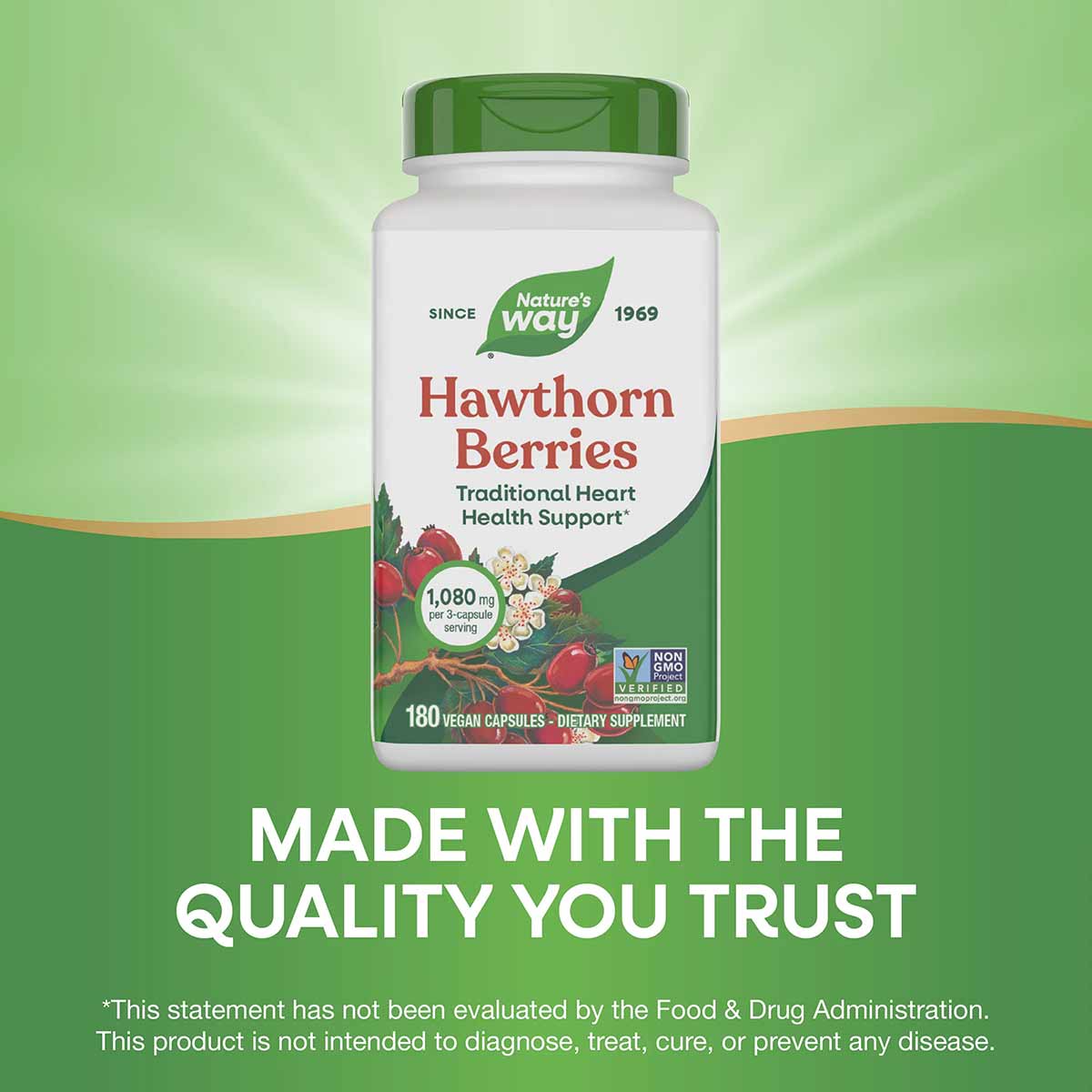 Nature's Way Hawthorn Berries bottle with green cap containing 180 vegan capsules on green background.