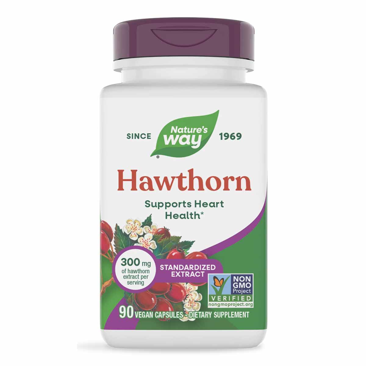 White bottle with purple cap containing Nature's Way Hawthorn supplement, 90 vegan capsules, 300 mg per serving.