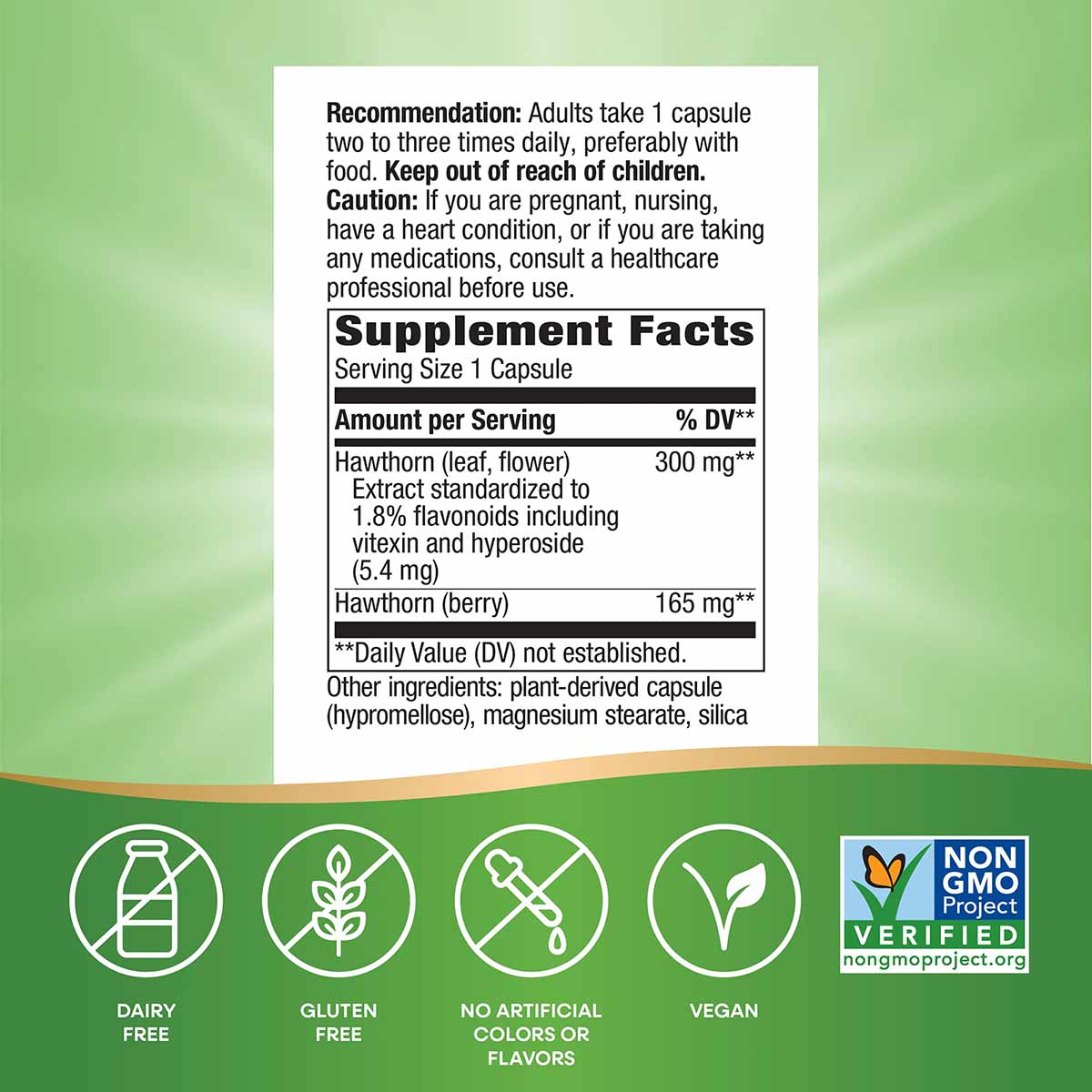 Hawthorn Premium Extract supplement facts label showing 300mg hawthorn leaf and flower extract per capsule, with dairy-free a