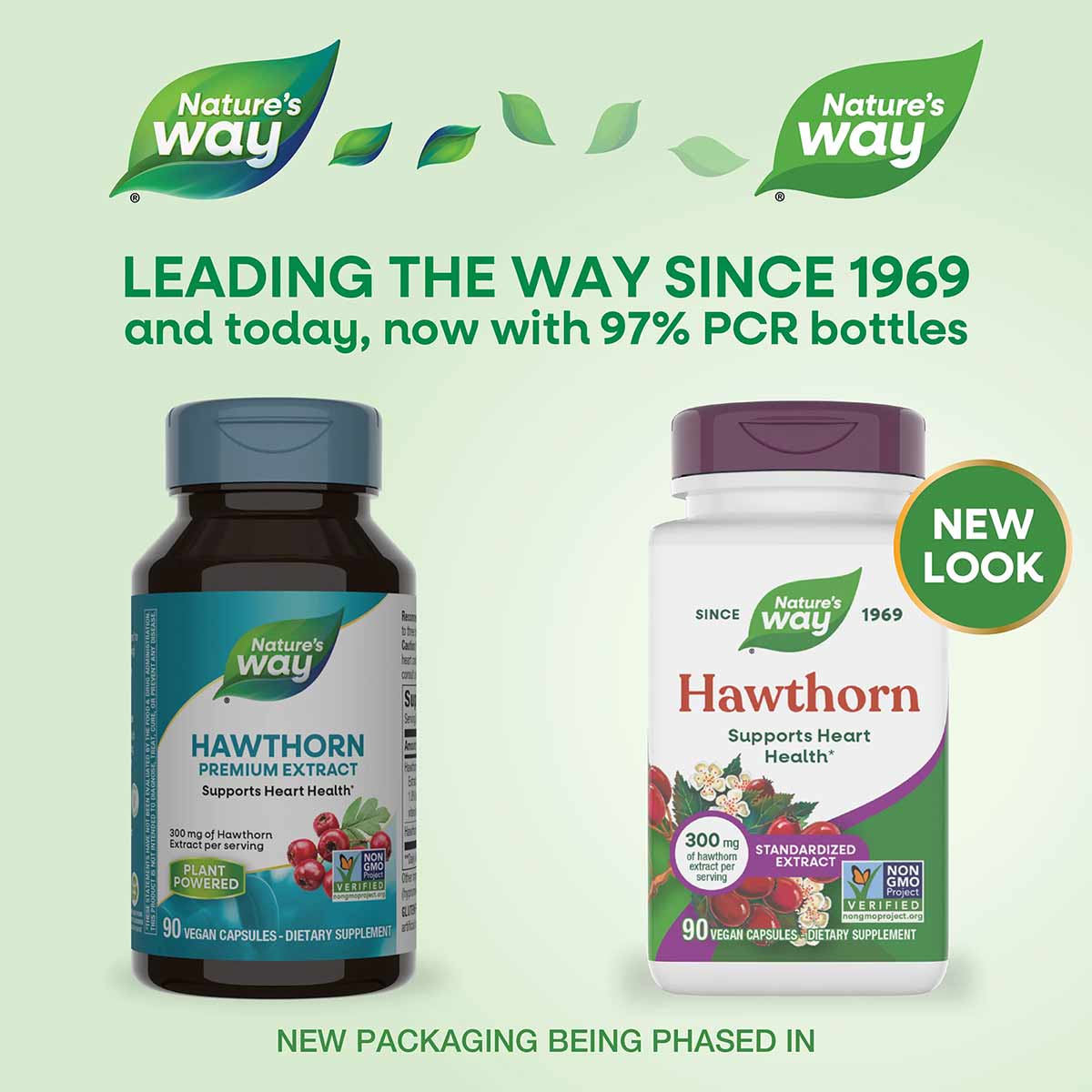 Two Natures Way Hawthorn Premium Extract bottles with teal and white labels showing 90 vegan capsules each.
