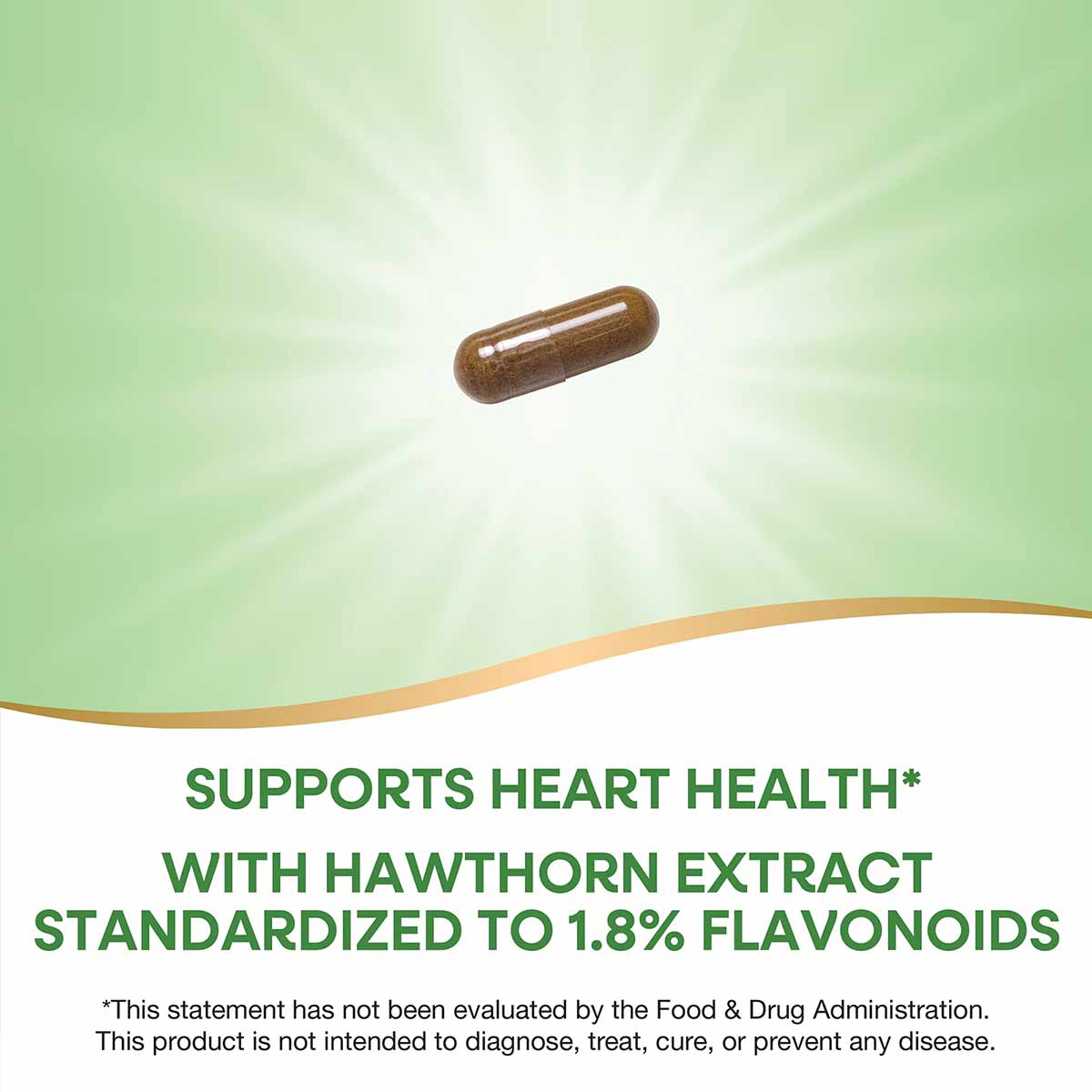 Brown hawthorn extract capsule on green background with radiating light effect.
