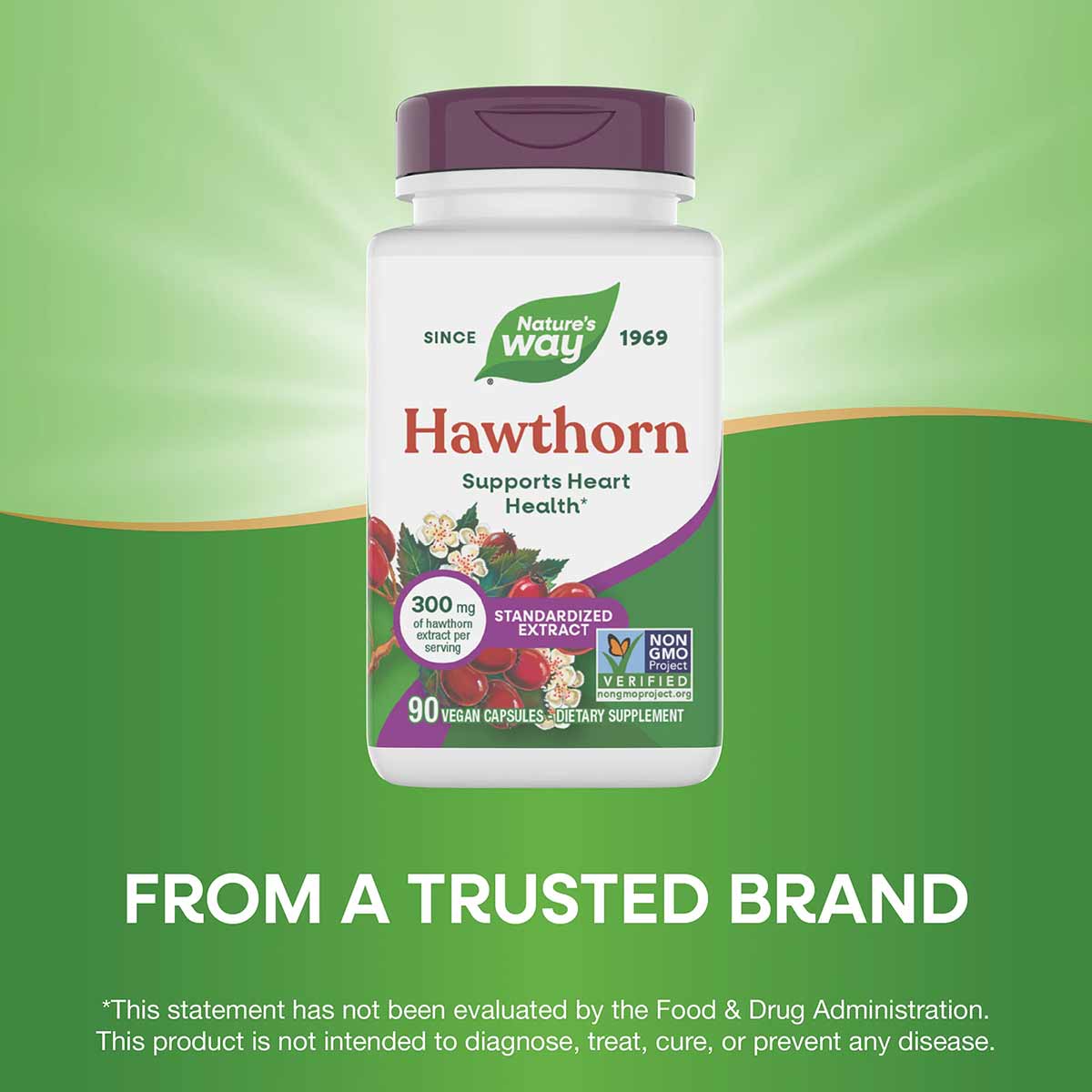 Nature's Way Hawthorn extract bottle with purple cap containing 90 vegan capsules, 300mg per serving, on green background.