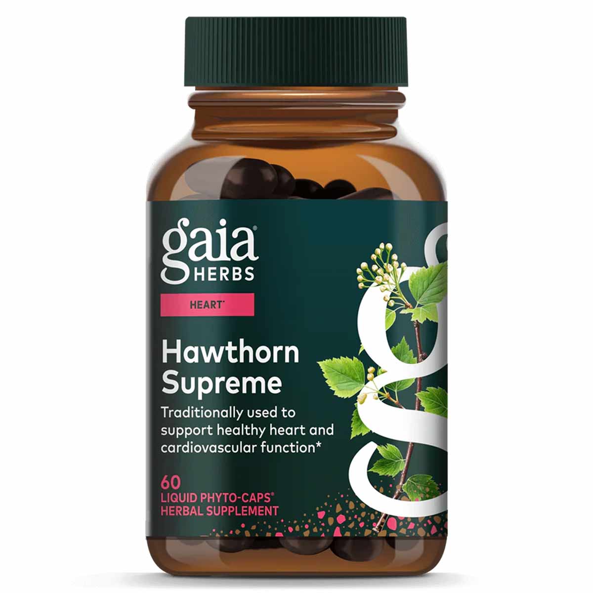 Amber glass bottle of Gaia Herbs Hawthorn Supreme with green cap containing dark liquid phyto-caps and hawthorn flower imager