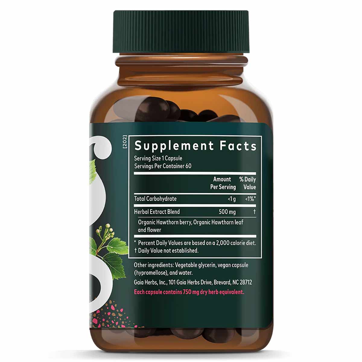 Brown glass bottle with dark green cap containing black capsules, labeled Hawthorn Supreme by Gaia Herbs with supplement fact