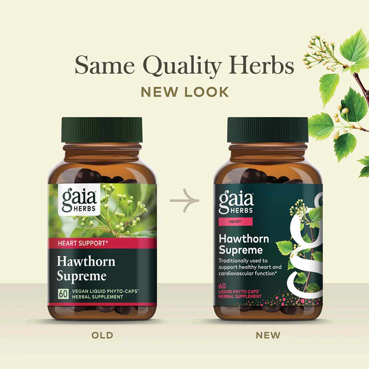 Two Gaia Herbs Hawthorn Supreme bottles showing old and new label designs side by side.