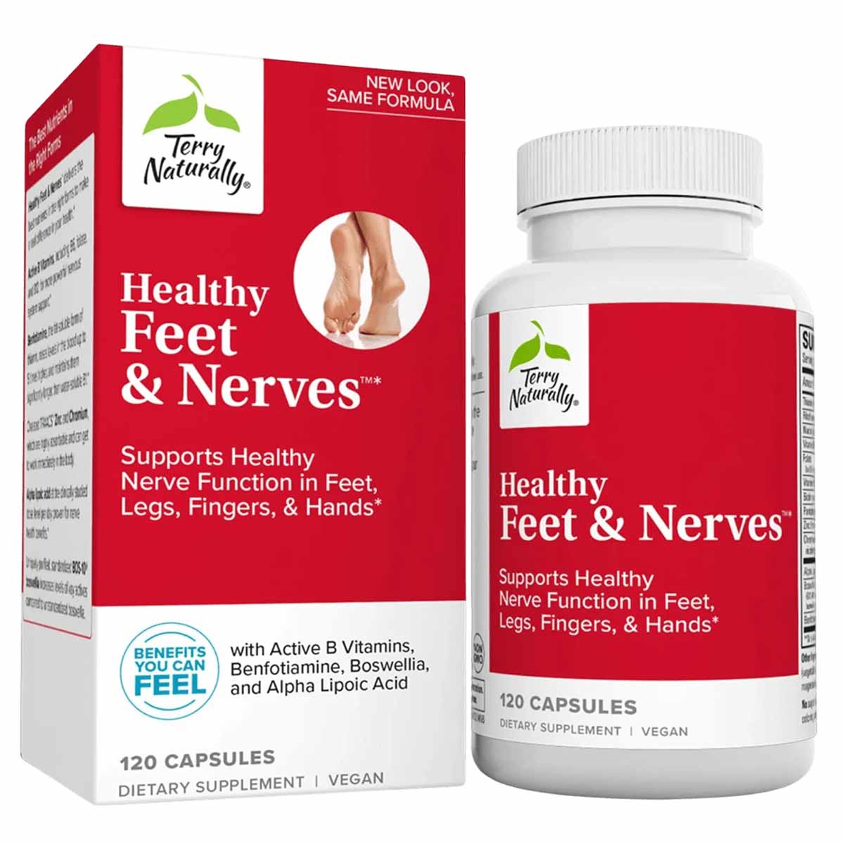 Terry Naturally Healthy Feet & Nerves dietary supplement bottle and red box containing 120 vegan capsules.