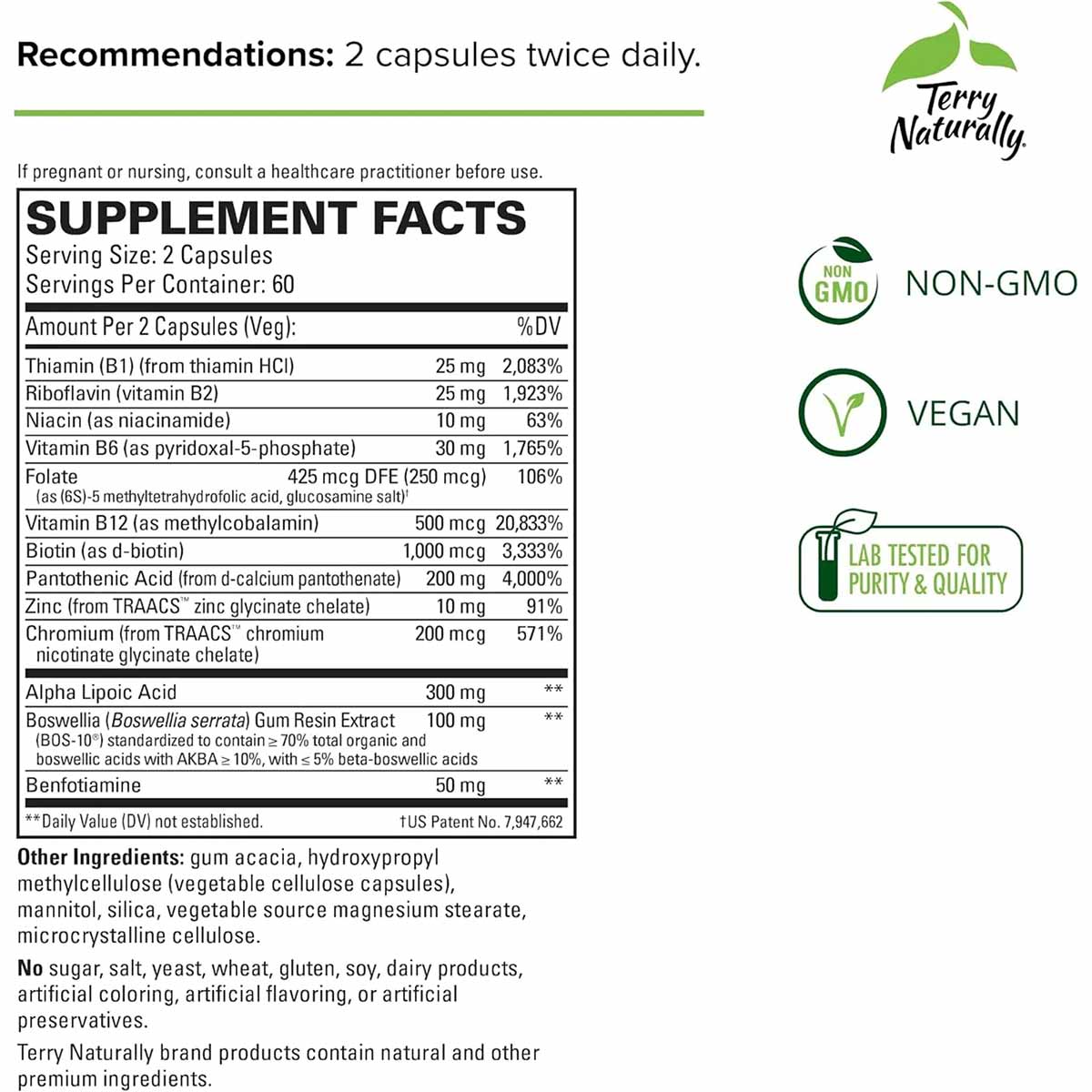 Terry Naturally Healthy Feet & Nerves supplement facts label showing capsule dosage, vitamin ingredients, and non-GMO vegan c