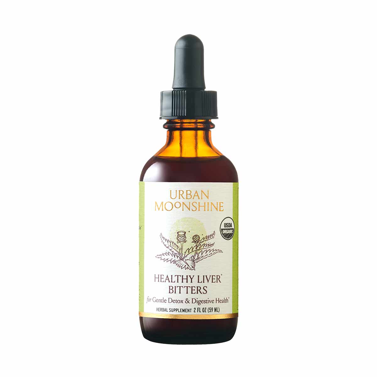 Amber glass dropper bottle with black cap labeled "Urban Moonshine Healthy Liver Bitters," 2 fl oz herbal supplement.