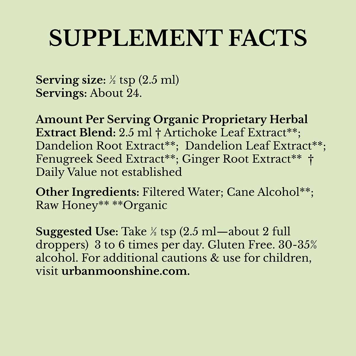 Supplement Facts label on pale green background listing ingredients including artichoke, dandelion, fenugreek, and ginger ext
