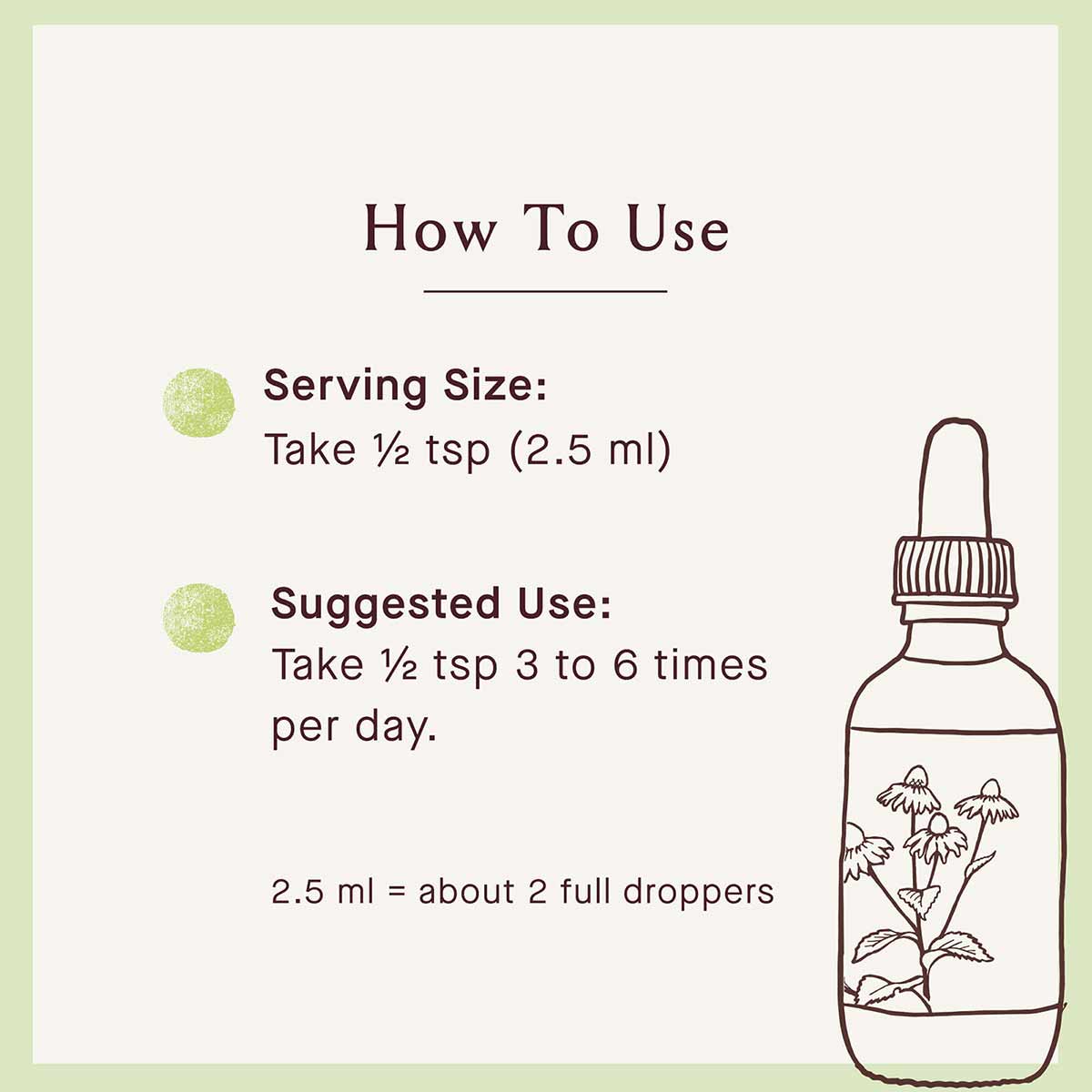 Bottle of Healthy Liver Bitters with dropper showing serving size of 1/2 tsp and usage instructions on cream background.