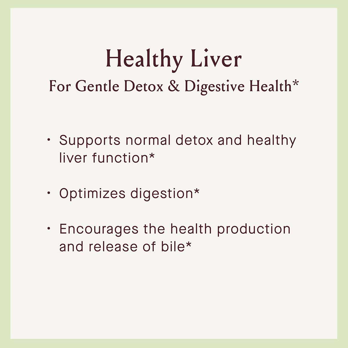 Product information card for Healthy Liver bitters listing detox and digestive health benefits with bullet points on a cream 