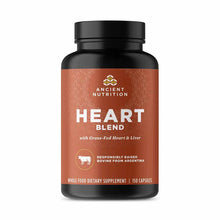 Black capsule bottle with rust-colored label reading "Heart Blend" by Ancient Nutrition, containing 150 capsules of whole foo