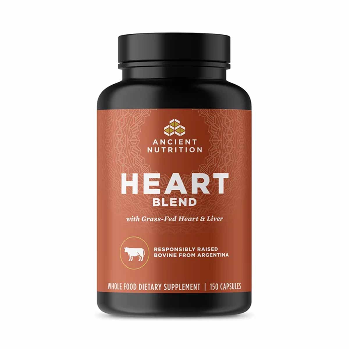 Black capsule bottle with rust-colored label reading "Heart Blend" by Ancient Nutrition, containing 150 capsules of whole foo
