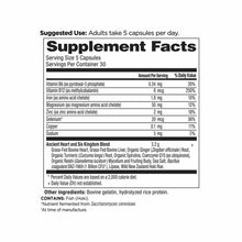 Supplement Facts label for Heart Blend capsules showing nutritional information, serving size, and ingredients including vita