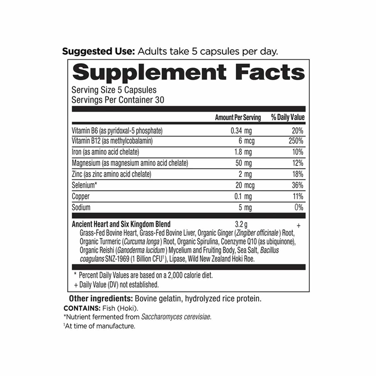 Supplement Facts label for Heart Blend capsules showing nutritional information, serving size, and ingredients including vita