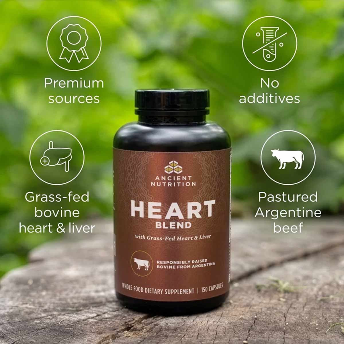 Heart Blend supplement bottle with brown label containing 150 capsules, surrounded by four circular icons indicating premium 