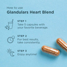 Two brown capsules on light blue background with usage instructions for Heart Blend supplement.