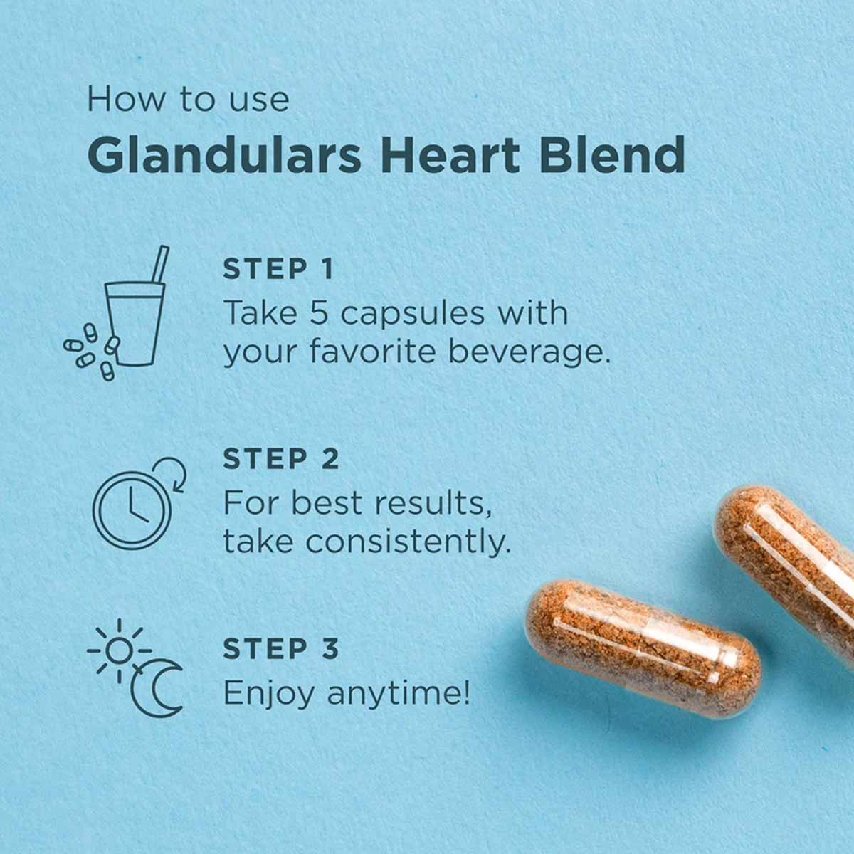 Two brown capsules on light blue background with usage instructions for Heart Blend supplement.
