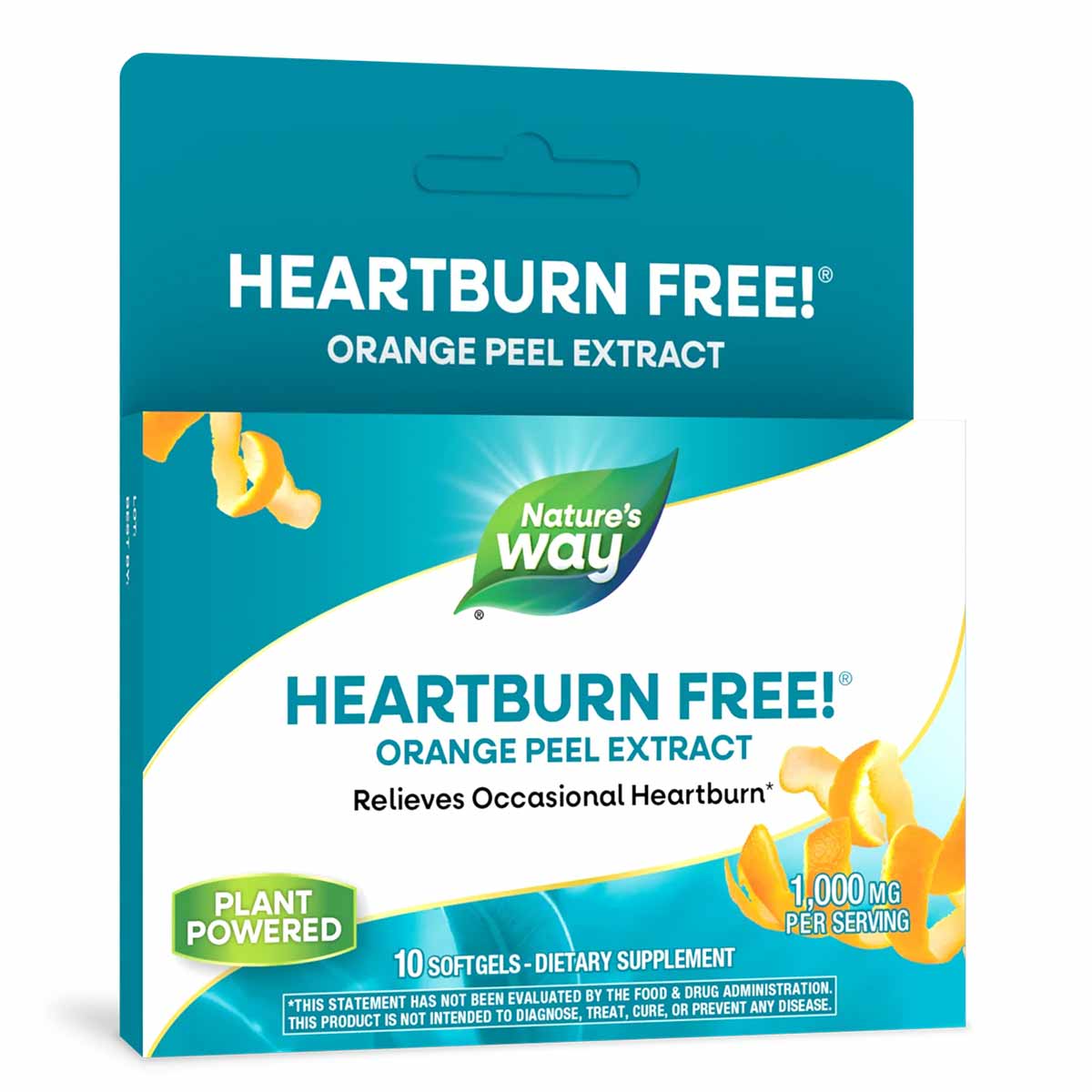 Heartburn Free orange peel extract dietary supplement softgels by Nature's Way, 10 count package.