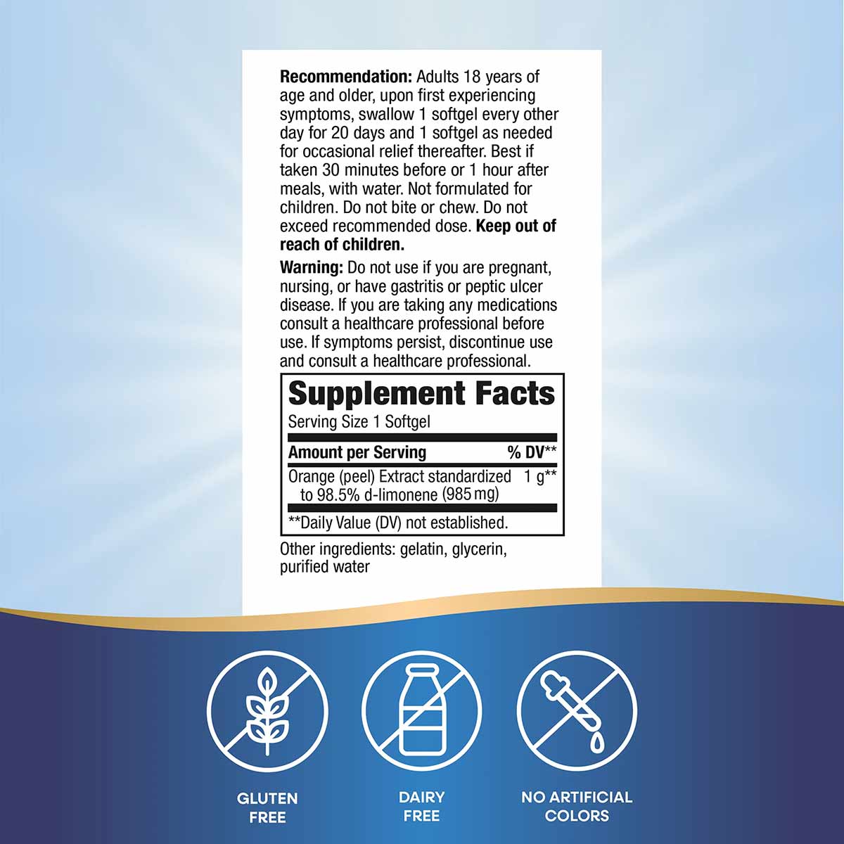 Supplement Facts label for Heartburn Free softgels containing orange peel extract, with gluten-free, dairy-free, and no artif
