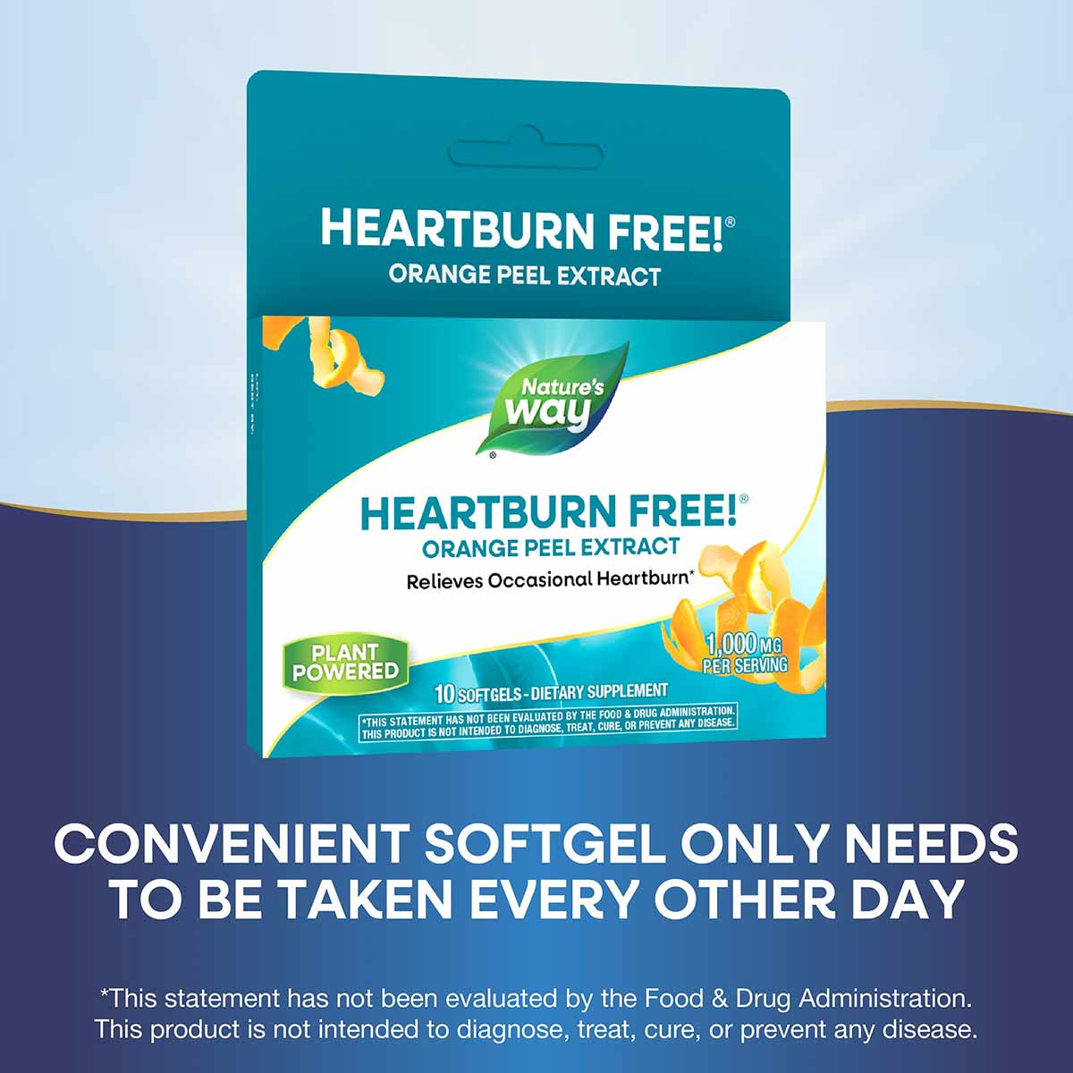 Heartburn Free Orange Peel Extract package by Nature's Way containing 10 softgels with 1,000mg per serving.