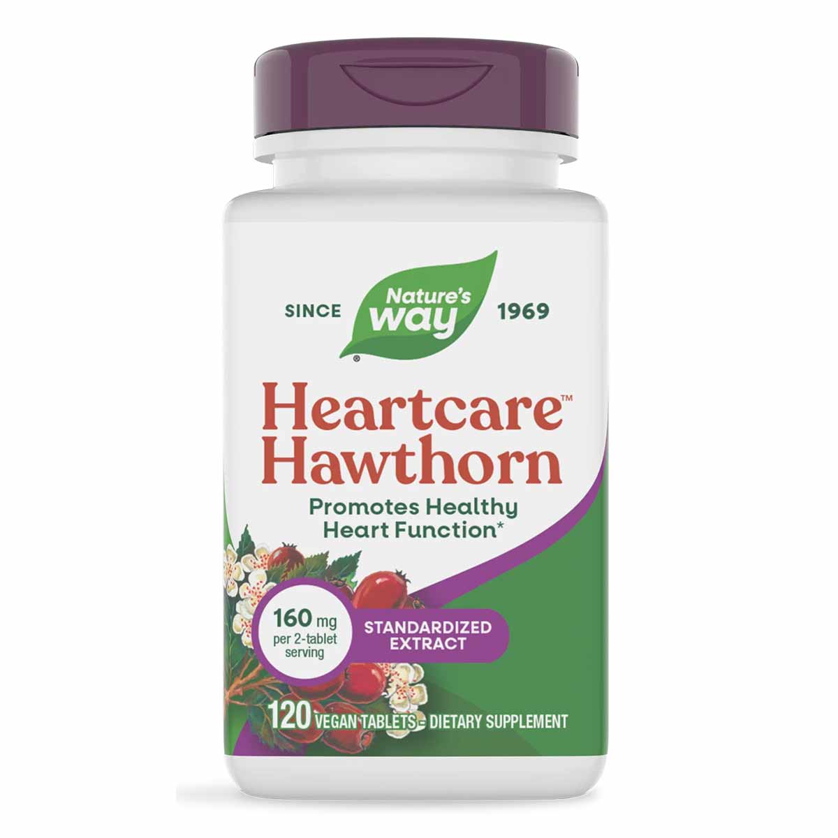 White bottle with purple cap containing Nature's Way Heartcare Hawthorn standardized extract dietary supplement, 120 vegan ta