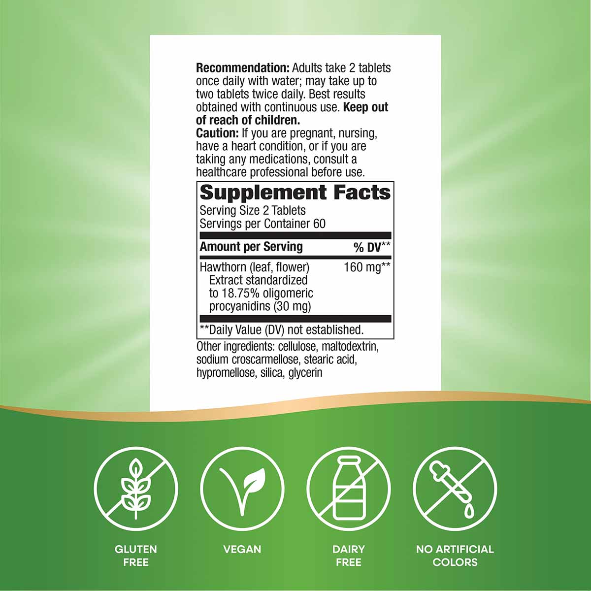 Supplement label showing dosage instructions, hawthorn extract supplement facts with 160mg per serving, and icons indicating 