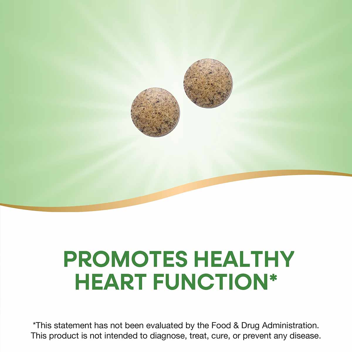 Two brown hawthorn supplement tablets on green and white background with text.