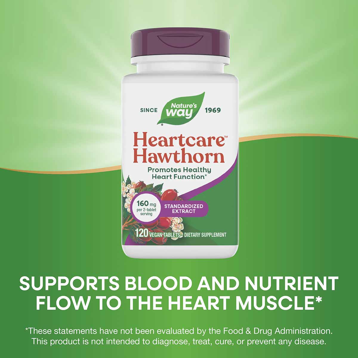 White bottle with purple cap labeled "Heartcare Hawthorn" by Nature's Way, containing 120 vegan tablets of standardized extra