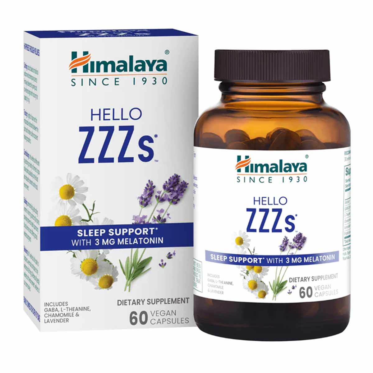 Himalaya Hello ZZZs sleep support supplement bottle and box with 60 vegan capsules containing melatonin, chamomile, and laven