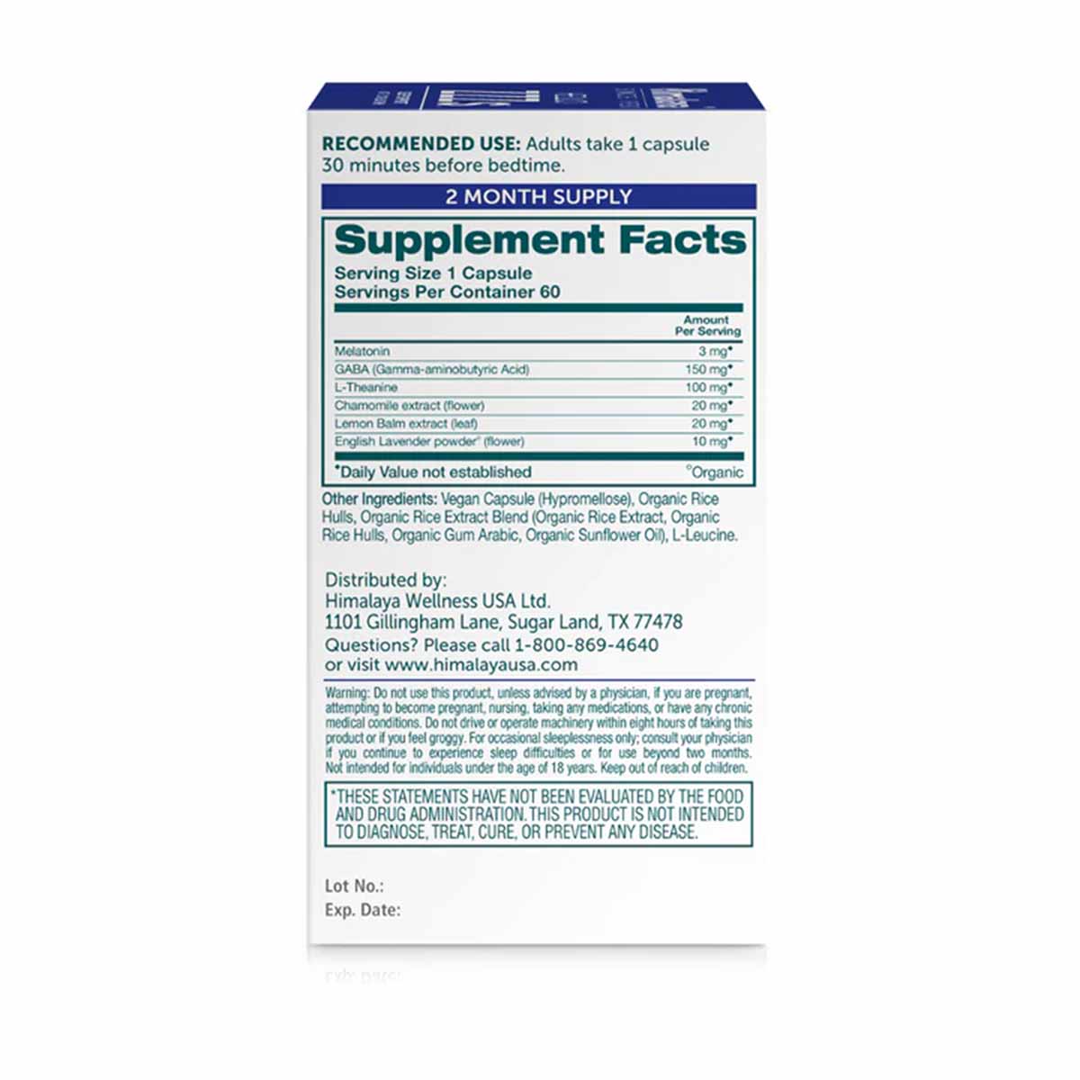 Hello ZZZs supplement bottle back label showing supplement facts, ingredients, and usage instructions for a 2-month supply.