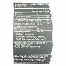 Supplement Facts label for hemp calming gummies showing serving size, nutritional information, and ingredient list.