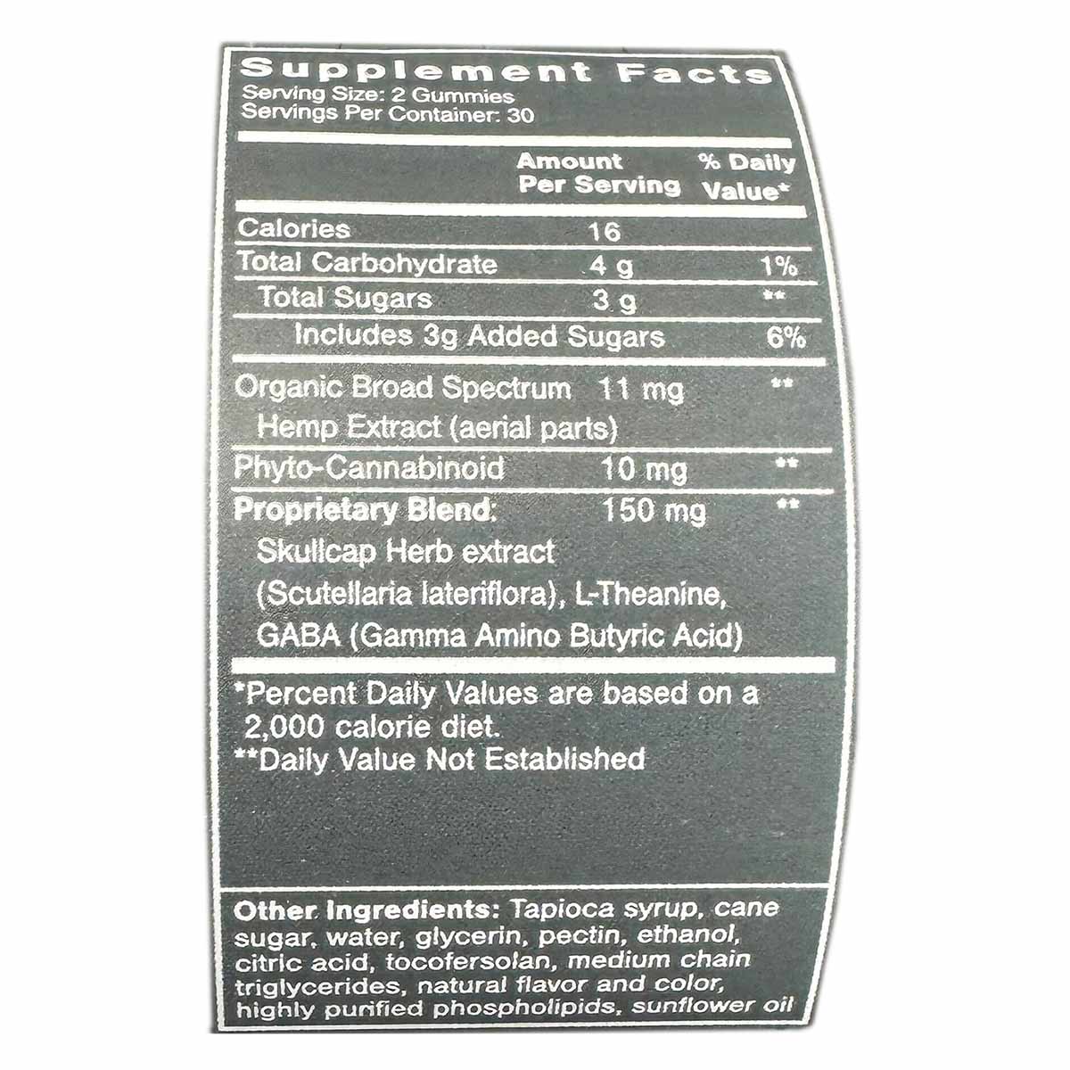 Supplement Facts label for hemp calming gummies showing serving size, nutritional information, and ingredient list.