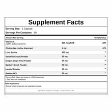 Supplement Facts label for Hepachol capsules listing vitamin A, choline, liver bovine, and herbal ingredients with 90 serving