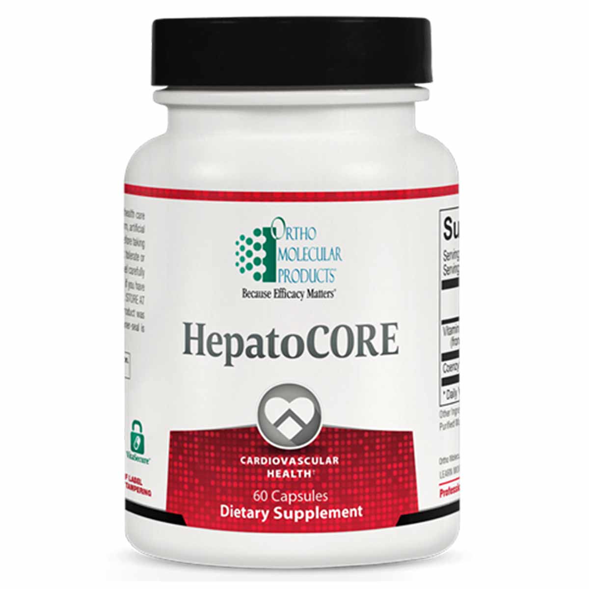 HepatoCORE white bottle with black cap by Ortho Molecular Products, 60 capsules dietary supplement.